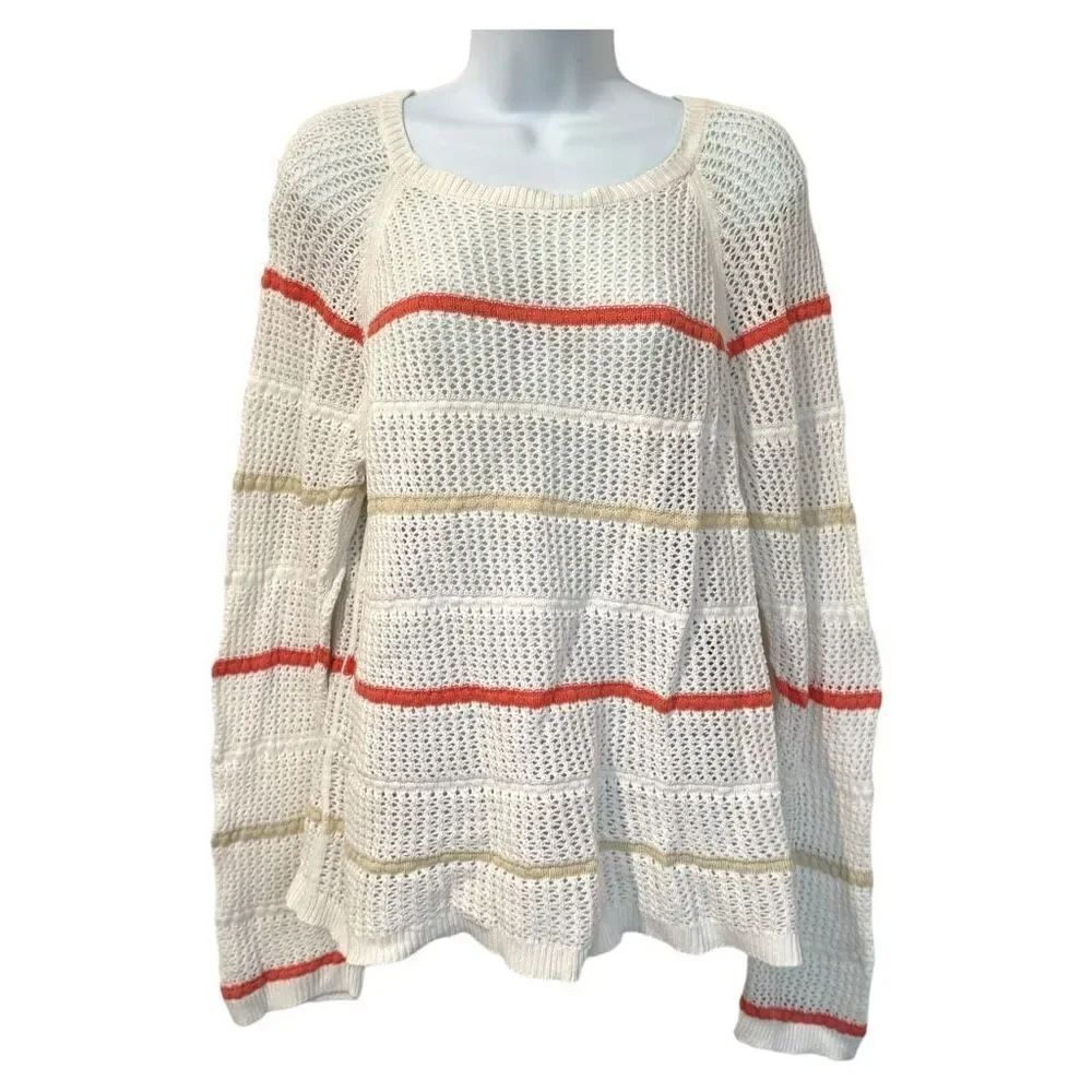 Calvin Klein Open Weave Sweater Cotton Striped Ivory Multi Women’s Large